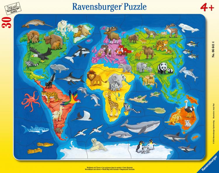 Пазл "Карта мира с животными", 30 эл. (рамка) Ravensburger  