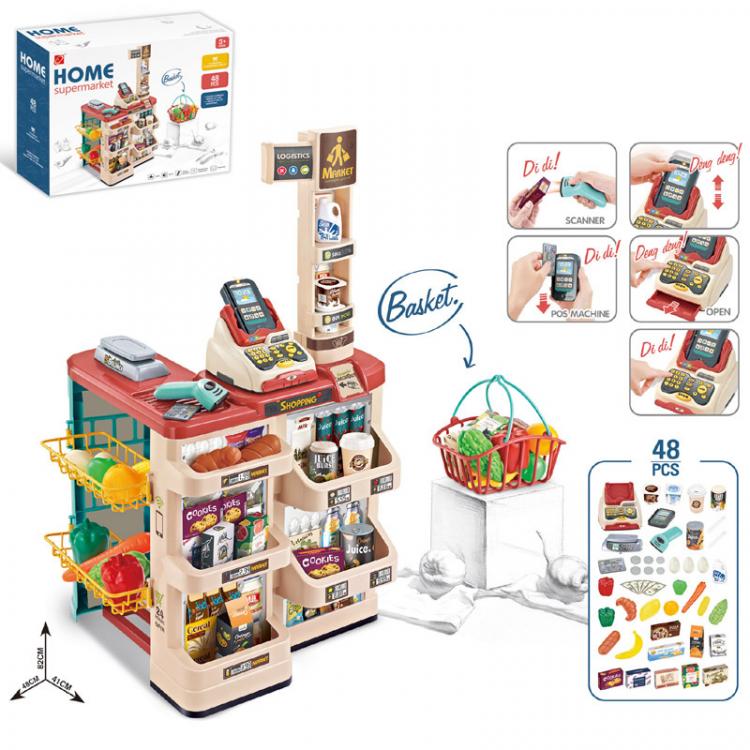 Игровой детский набор «Мой супермаркет с корзиной» 48 предметов со светом и звуком 
